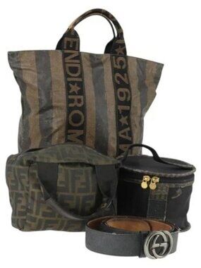 FENDI Gucci Zucca Canvas Pecan Canvas Hand Bag 4 Set Black Brown Auth bs32352